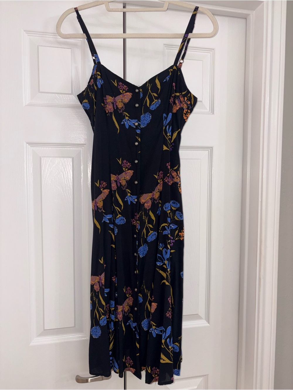 Forever 21 Black Midi Slip Dress with Blue and Brown Floral Print